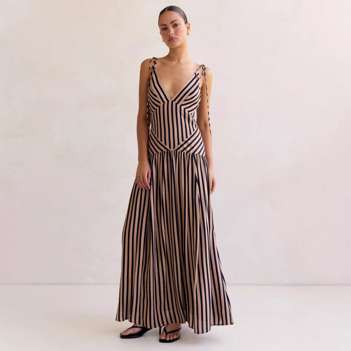 Women's maxi dress with deep V-neckline and elegant striped design