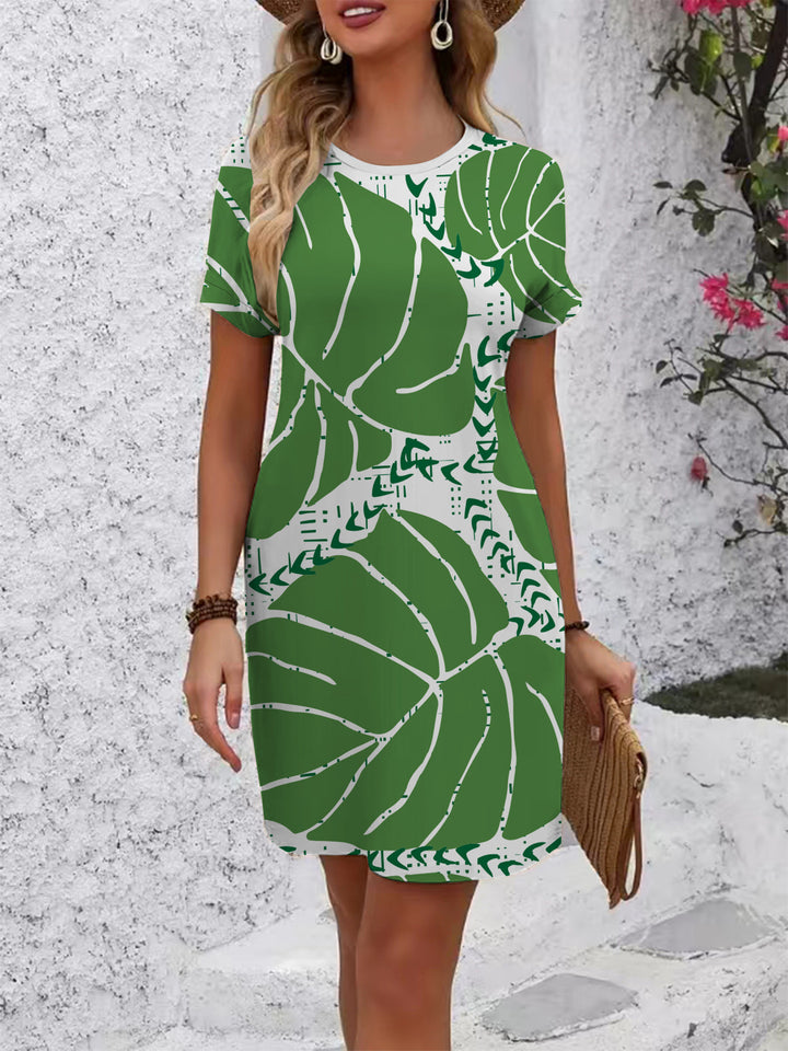 Women Short Sleeve Dress with Floral Line Pattern Lisslune