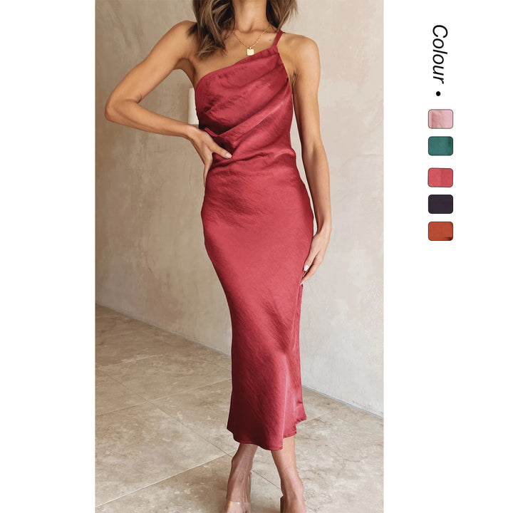 Women's satin midi dress with asymmetrical cut and elegant flair Lune London