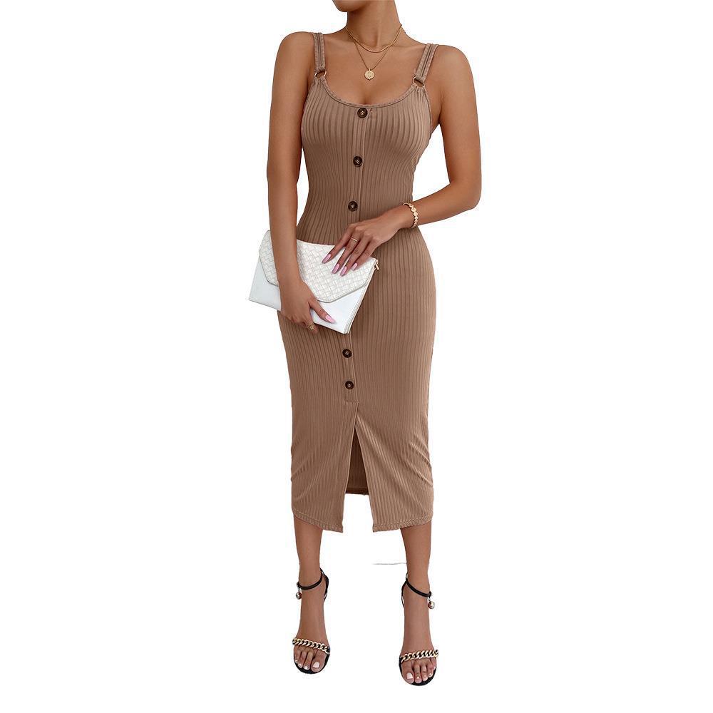 Damen knielanges figurbetontes Kleid mit Knopfleiste und Spaltung Lisslune