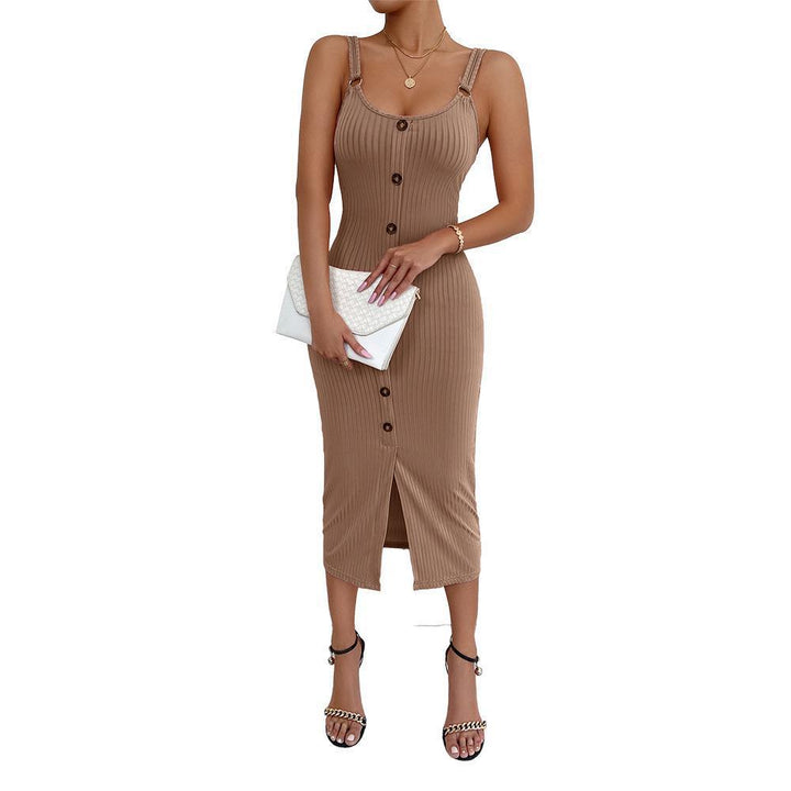 Damen knielanges figurbetontes Kleid mit Knopfleiste und Spaltung Lisslune