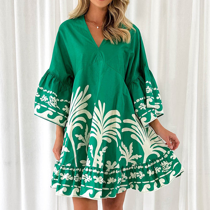 Women's casual dress with voluminous sleeves and structured ruffle details