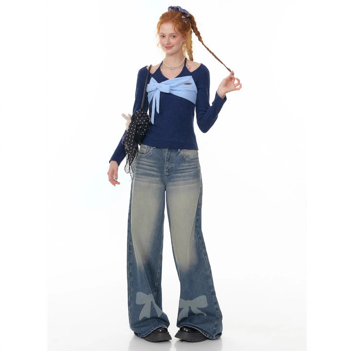 Damen Weite Denim-Hose mit aufregenden Schleifendetails Lisslune