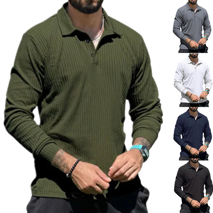 Men's Long Sleeve Polo Shirt with Textured Rib Design and Modern Cut Lisslune
