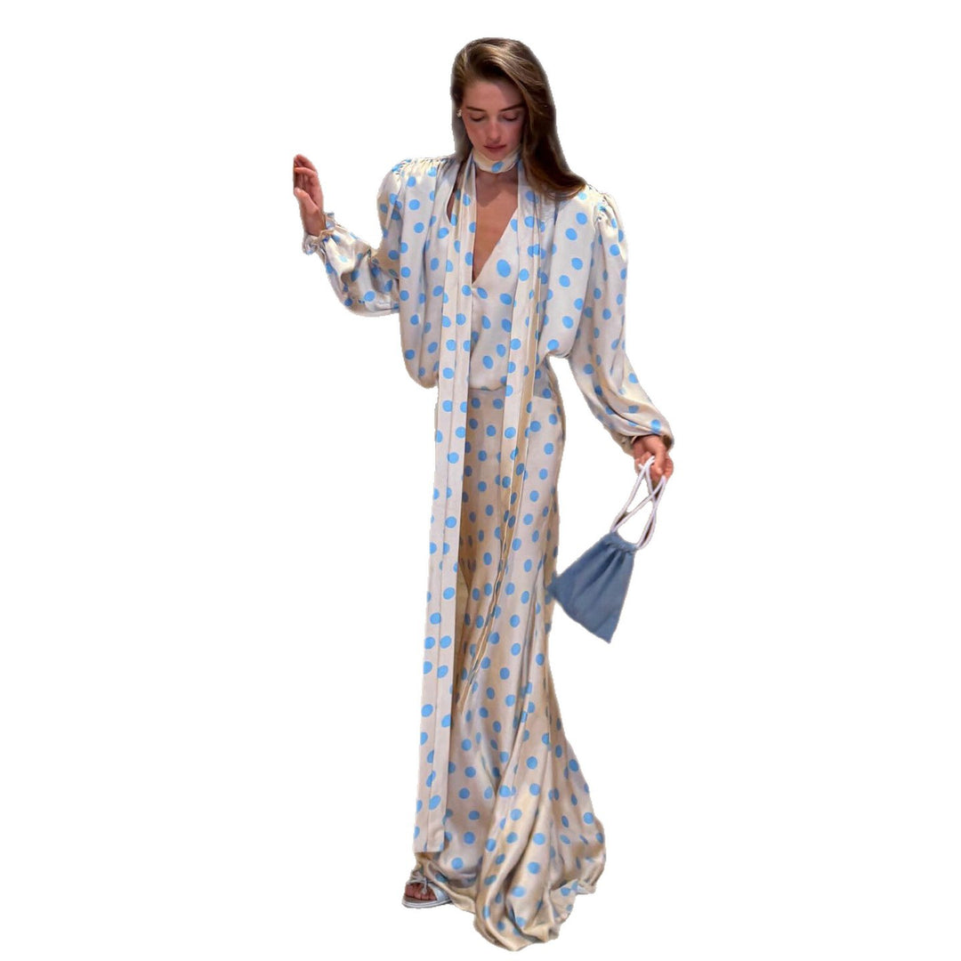 Women's Maxi Dress with Elegant Puff Sleeves and Playful Polka Dot Pattern