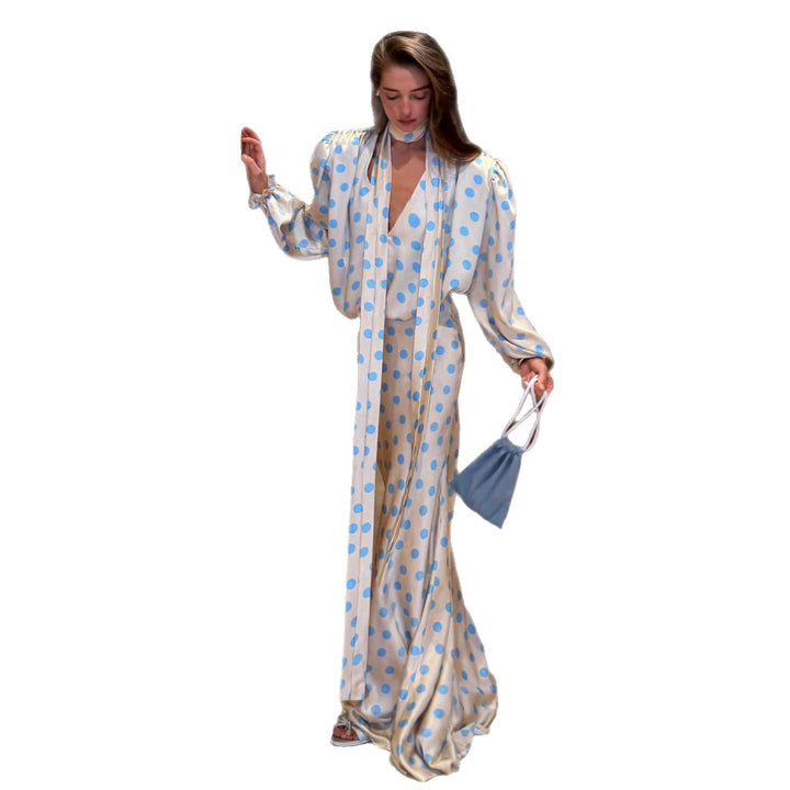 Women's Maxi Dress with Elegant Puff Sleeves and Playful Polka Dot Pattern