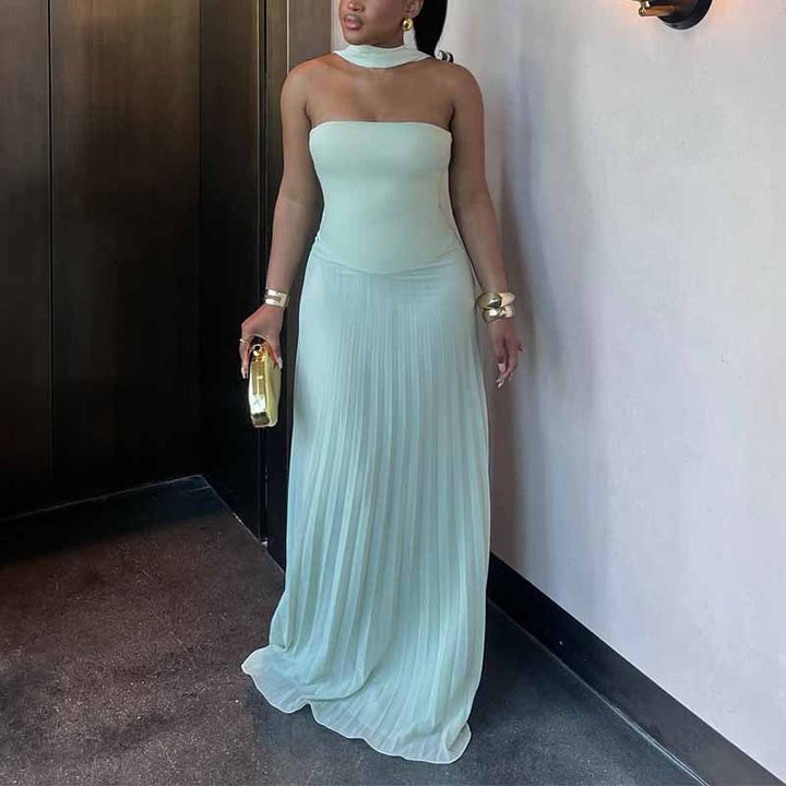 Women Pleated Maxi Dress with Elegant Shoulder Strap and Figure-Flattering Cut