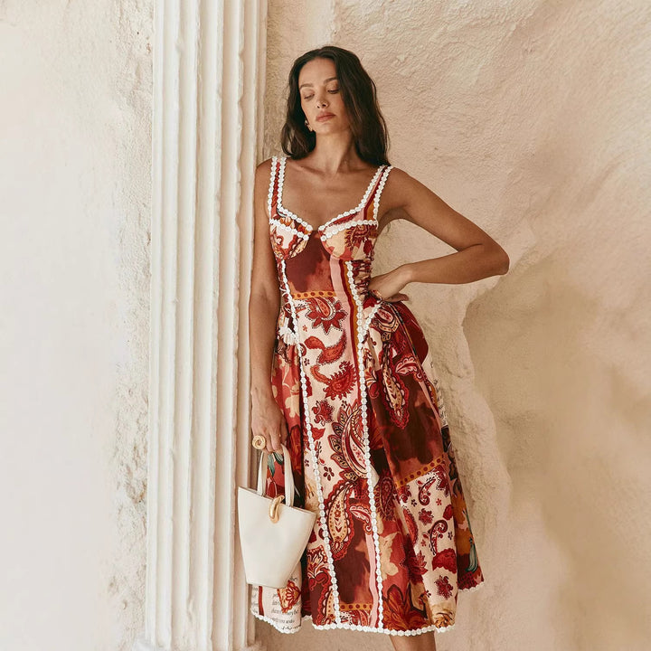 Women's midi-maxi dress with playful patchwork design and ruffle details