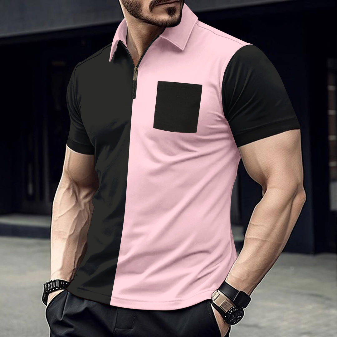 Men's modern short-sleeve shirt with zipper and contrasting color cuts Lisslune