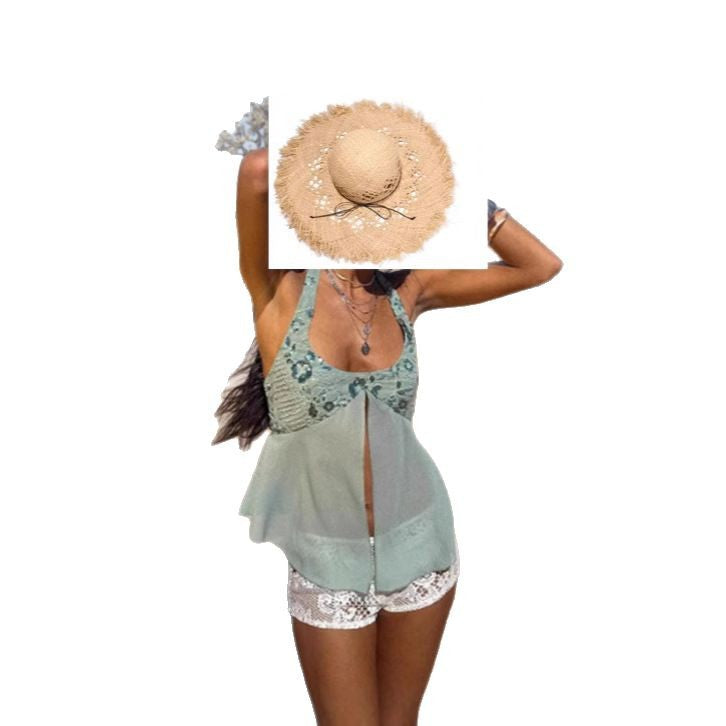 Ladies airy flowing beach top with ruffle details and transparent trim Lisslune