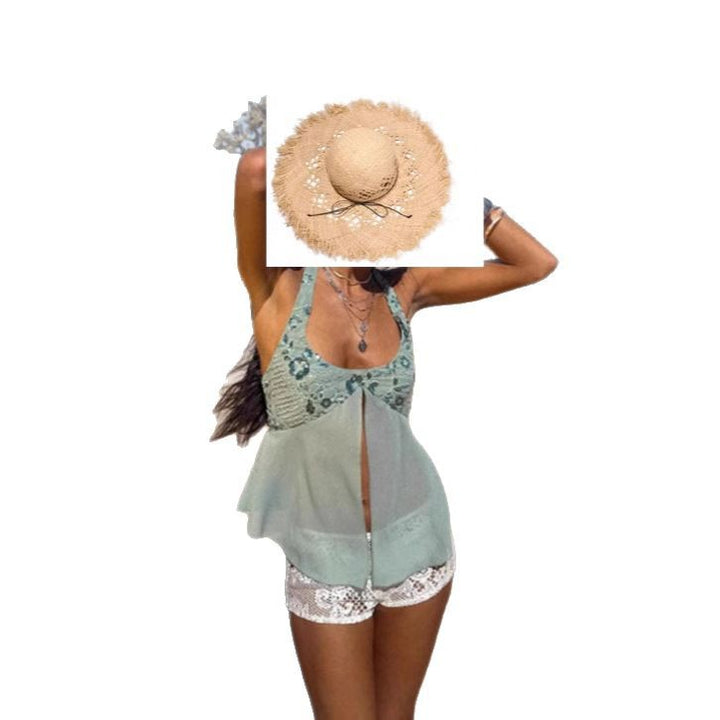 Ladies airy flowing beach top with ruffle details and transparent trim Lisslune