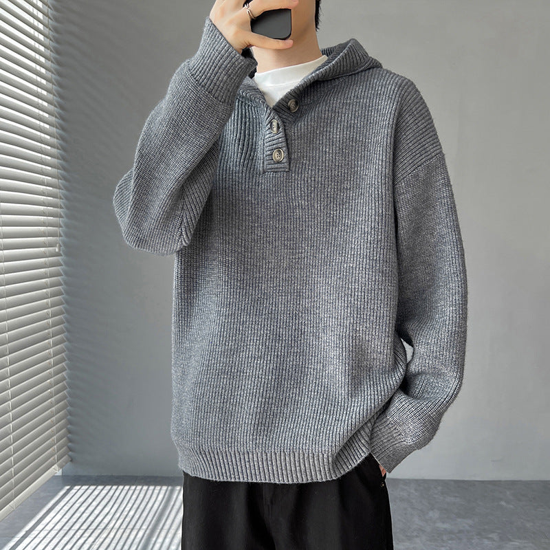 Men's knitted pullover with button placket and hood Lisslune