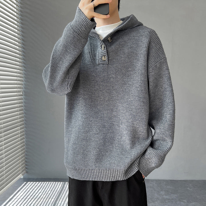Men's knitted pullover with button placket and hood Lisslune