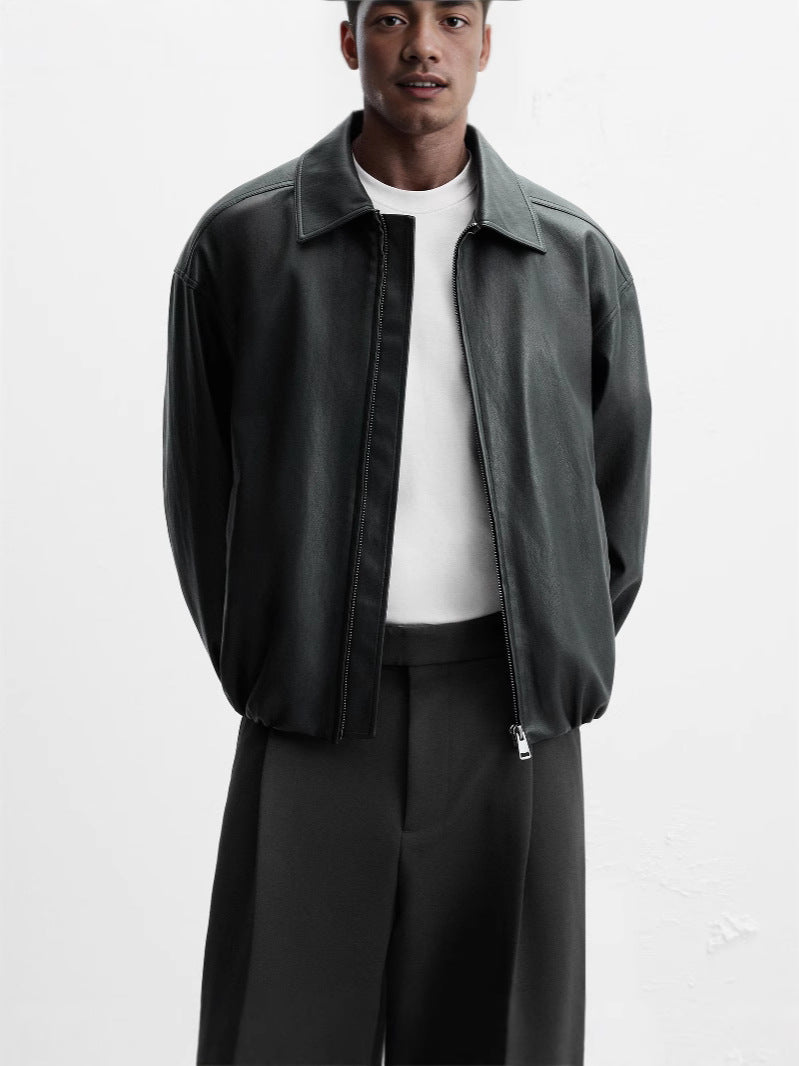 Men's elegant synthetic leather jacket with fashionable stand-up collar and side pockets Lisslune
