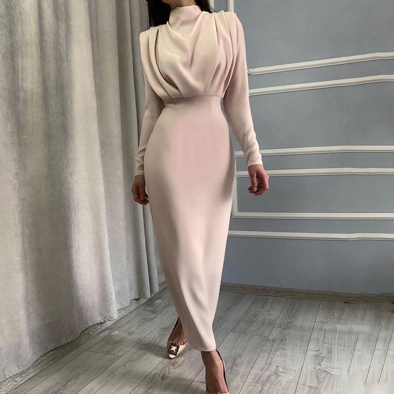 Damen Elegantes Langarm-Maxi-Kleid mit raffinierter Drapierung und hohem Kragen Lisslune
