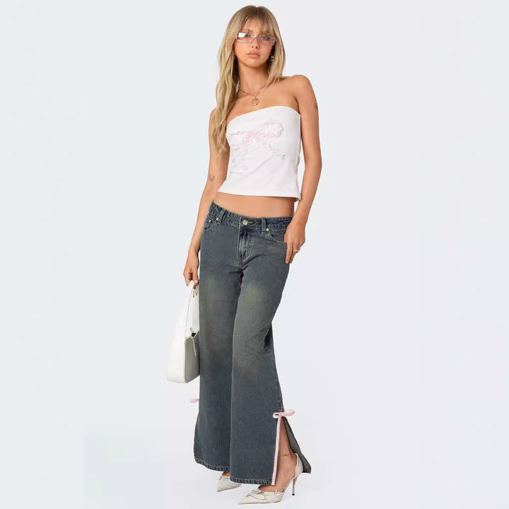Ladies High Waist Denim Pants with Fashionable Bow Details Lisslune