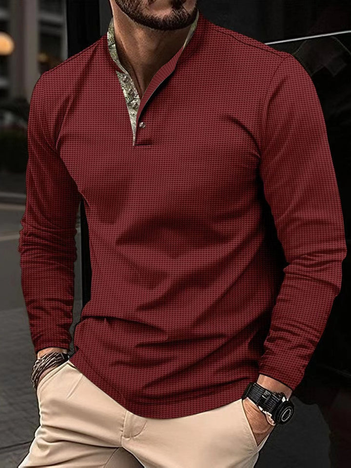Men's long sleeve polo shirt in modern checked design with stand-up collar and button placket Lisslune