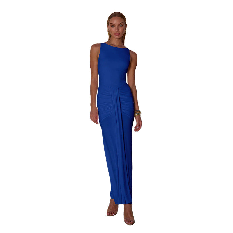 Ladies elegant long sleeve dress with sophisticated draping and asymmetrical design