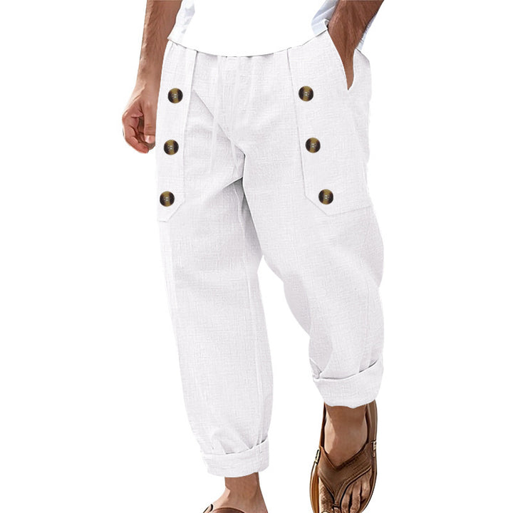 Men's Comfortable Linen Pants with Side Buttons and Elastic Waistband Lisslune