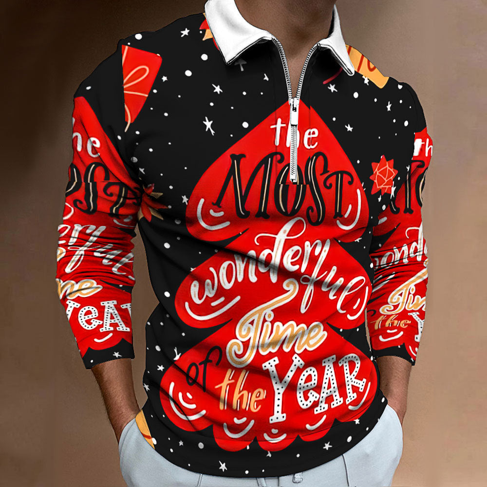 Men's Long Sleeve Polo Shirt with Festive Christmas Motif Lisslune