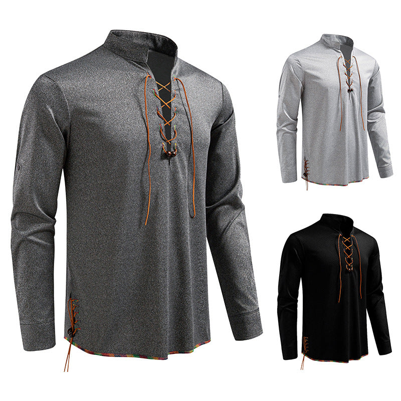 Men's Long Sleeve Shirt with Drawstring and Stand-Up Collar Lisslune