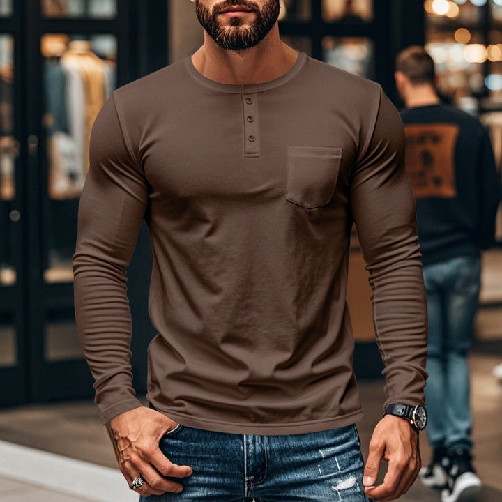 Men's long-sleeved Henley shirt with textured cotton surface and chest pocket Lisslune