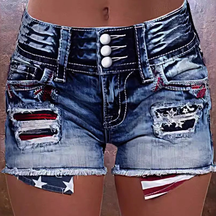 Women's cargo shorts with stylish tear details and patriotic applications Lisslune