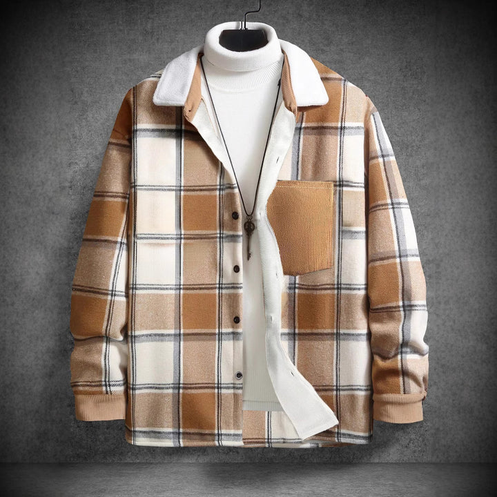 Men's Casual Flannel Jacket with Checkered Pattern and Patch Pocket Lisslune