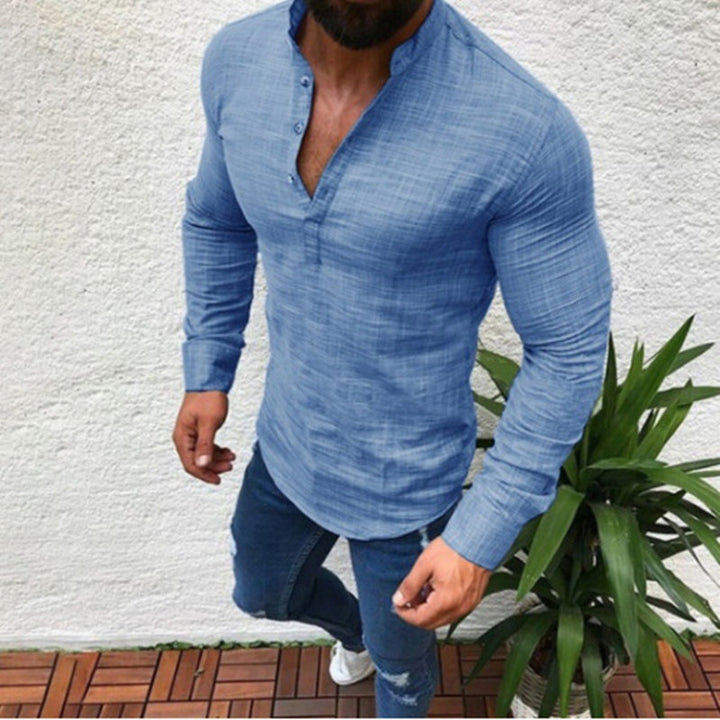 Men's Long Sleeve Shirt with Modern Stand Collar and Button Closure Lisslune