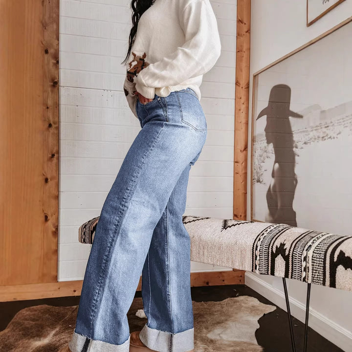 Women wide High-Waist jeans with unique contrast seams and casual look Lisslune