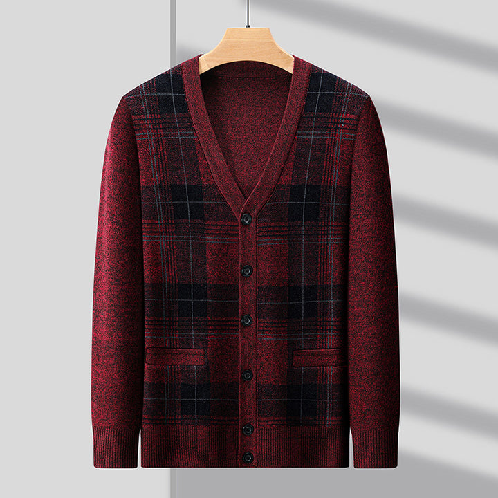 Men's Fashionable Cardigan with Classic Check Pattern and Button Placket Lisslune