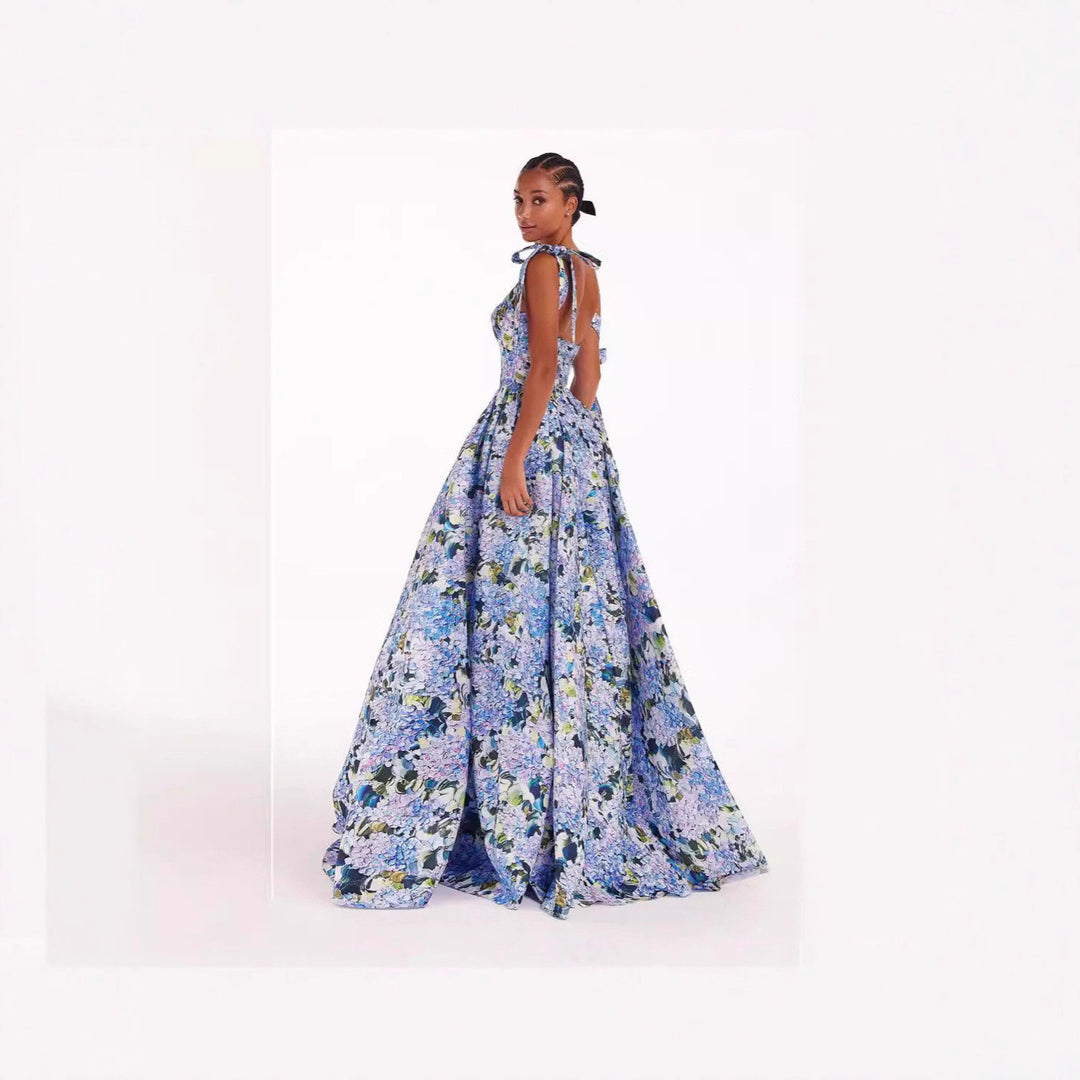 Women's Elegant Maxi Dress with Off-Shoulder Straps and Floral Print