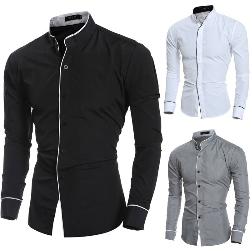 Men's Long-Sleeve Shirt with Modern Stand Collar and Contrasting Details Lisslune