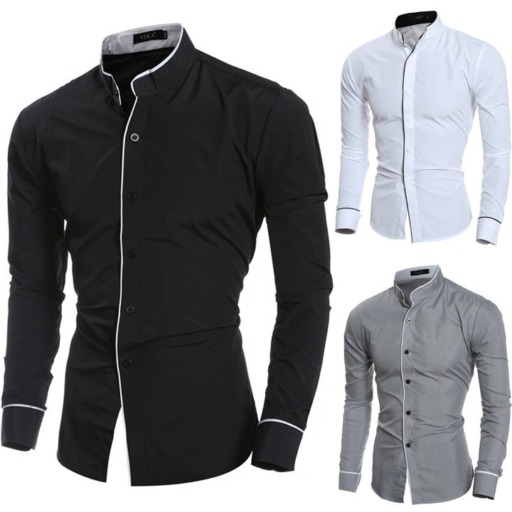 Men's Long-Sleeve Shirt with Modern Stand Collar and Contrasting Details Lisslune