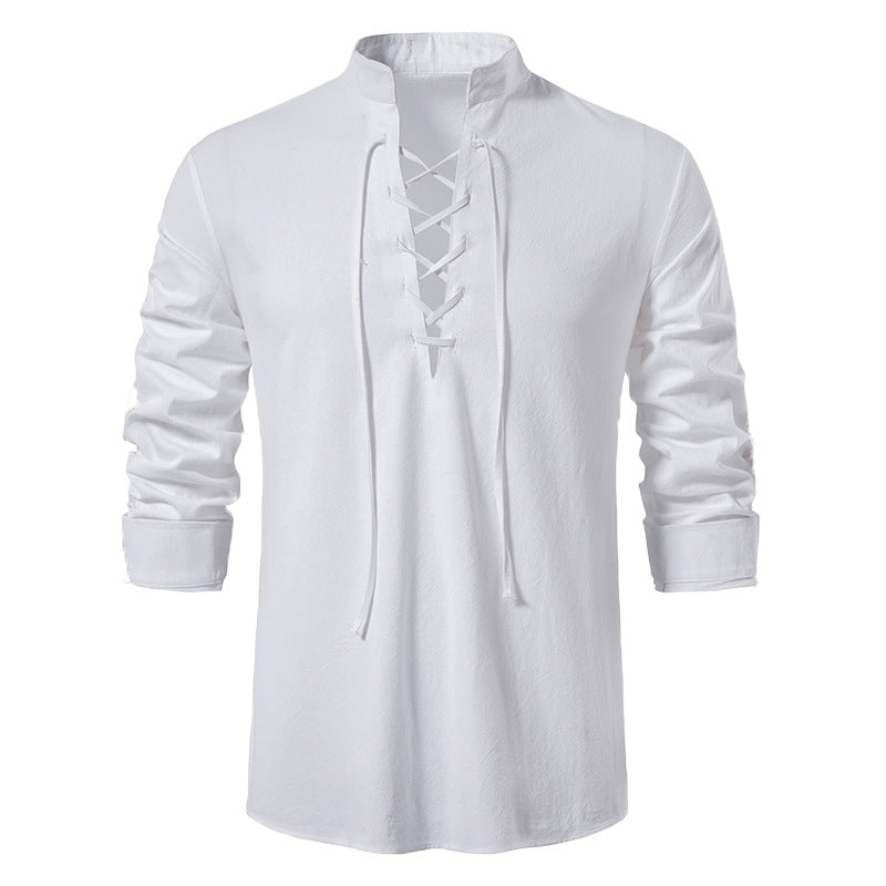 Men's casual long-sleeve shirt with innovative lacing and modern stand-up collar Lisslune