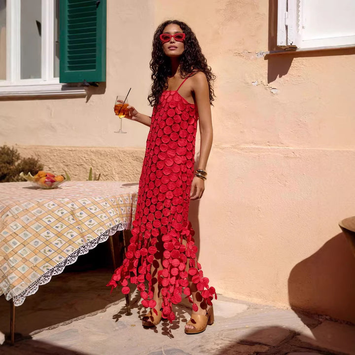 Women's maxi dress with decorative crochet applications and side slits Lisslune