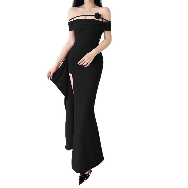 Women's elegant off-shoulder maxi dress with sophisticated cut and floral accents