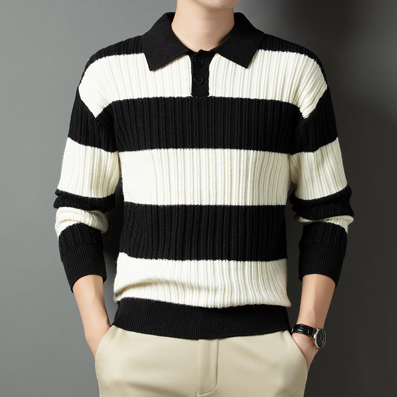 Men's Pullover with Textured Striped Pattern and Fashionable Collar Lisslune