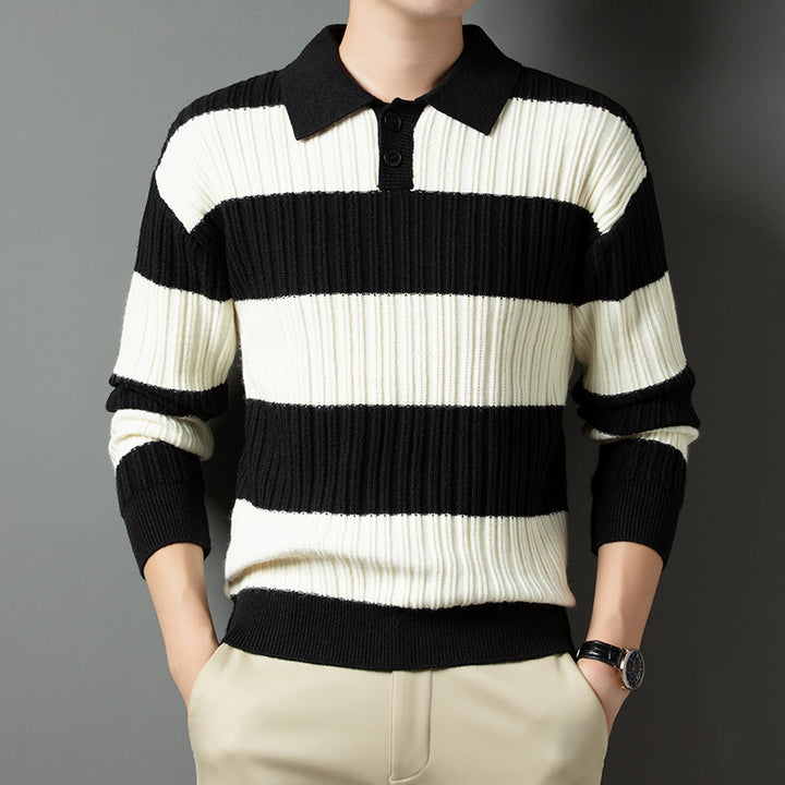 Men's Pullover with Textured Striped Pattern and Fashionable Collar Lisslune