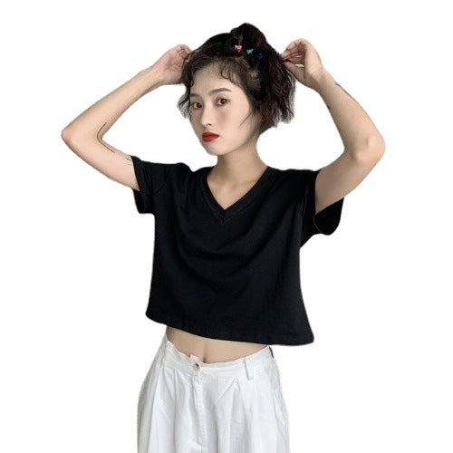 Women Short Sleeve T-Shirt with V-Neck and Casual Cut