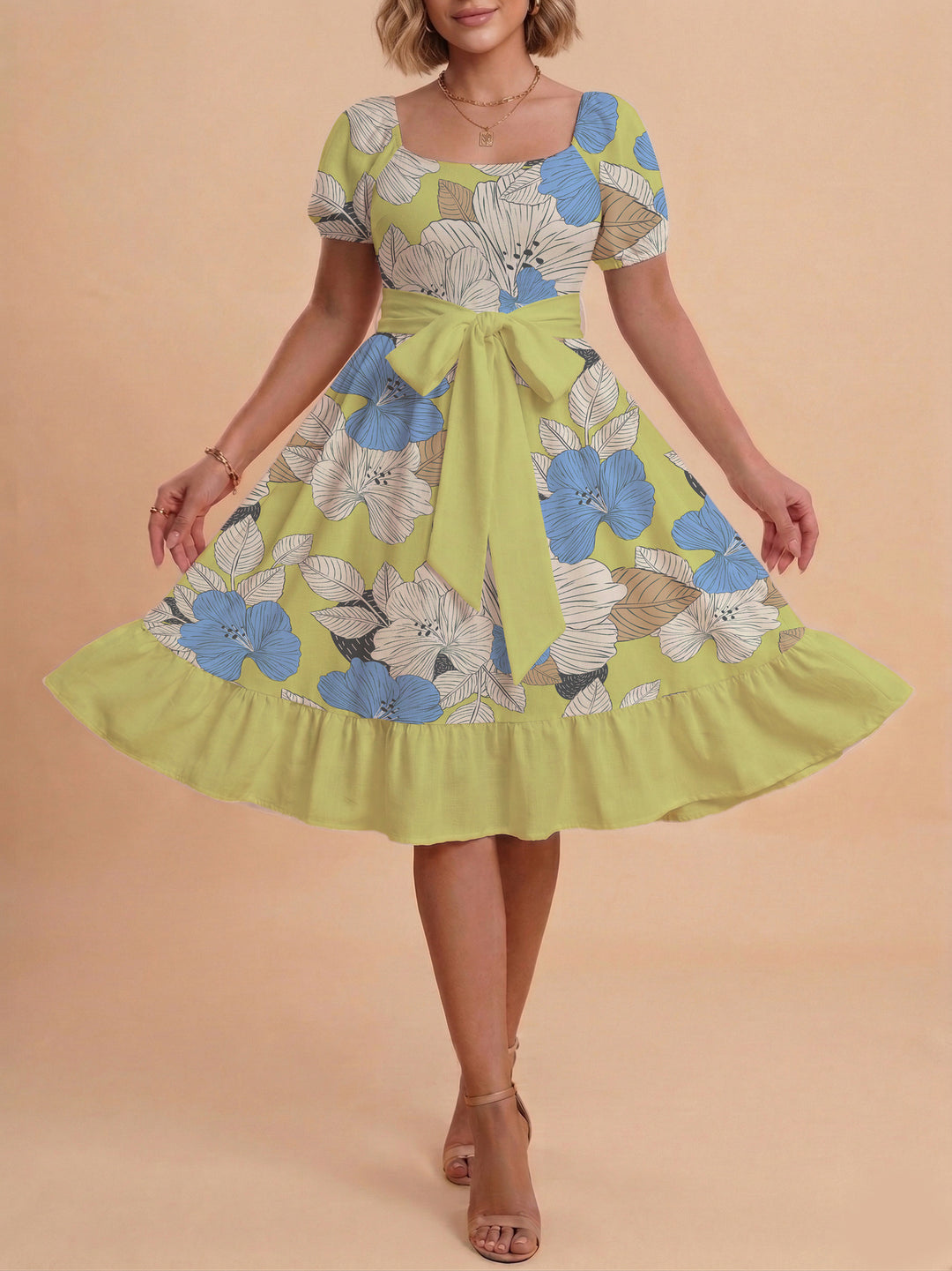 Women's floral dress with adjustable belt and voluminous sleeves Lisslune