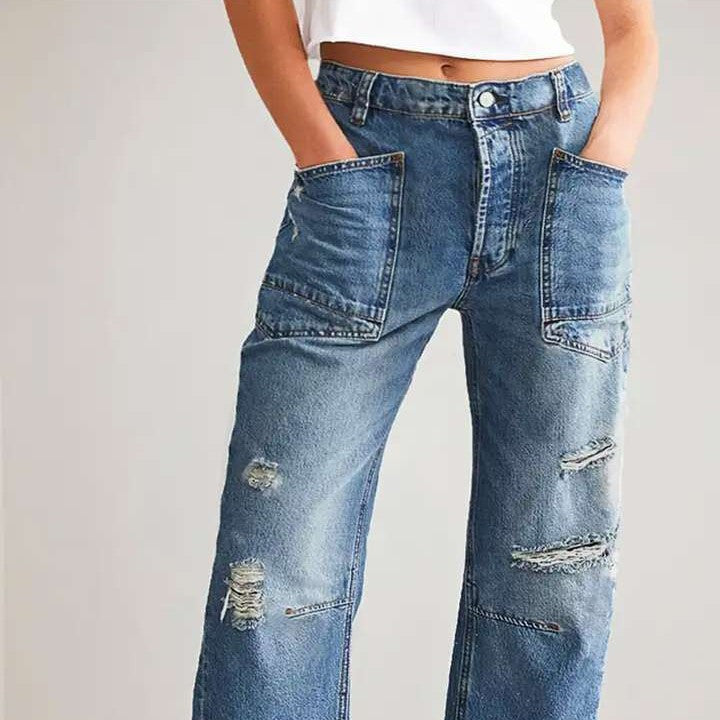 Women's wide-cut jeans with creative pockets and destroyed details Lisslune