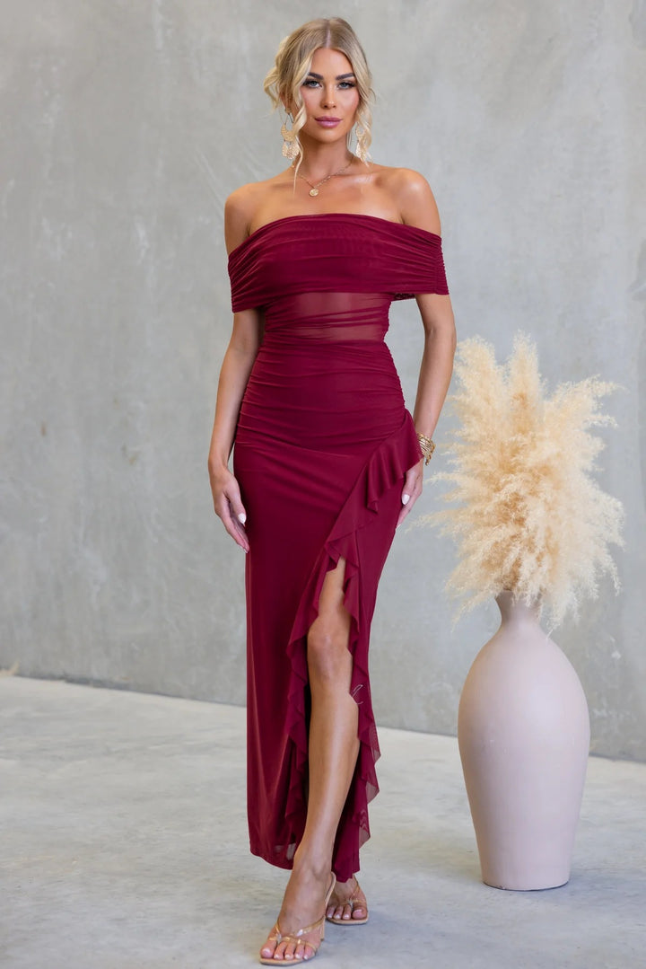 Women's Off-Shoulder Maxi Dress with sophisticated cut and sexy slit