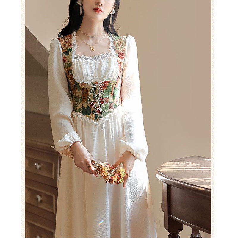Ladies Elegant Evening Dress with Floral Top and Long Sleeves