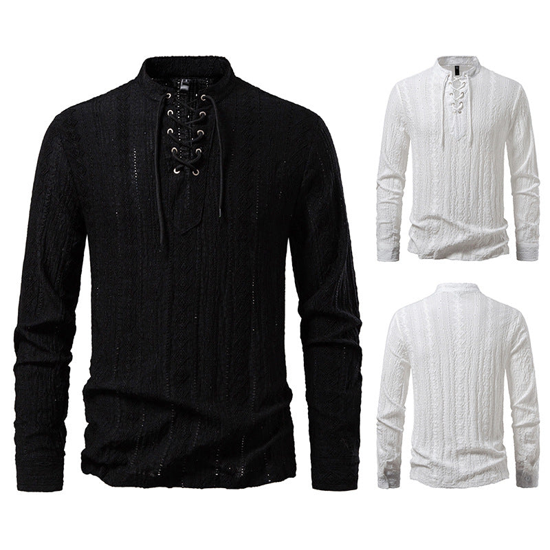 Men's Long-Sleeve Shirt with Creative Lacing Design Lisslune