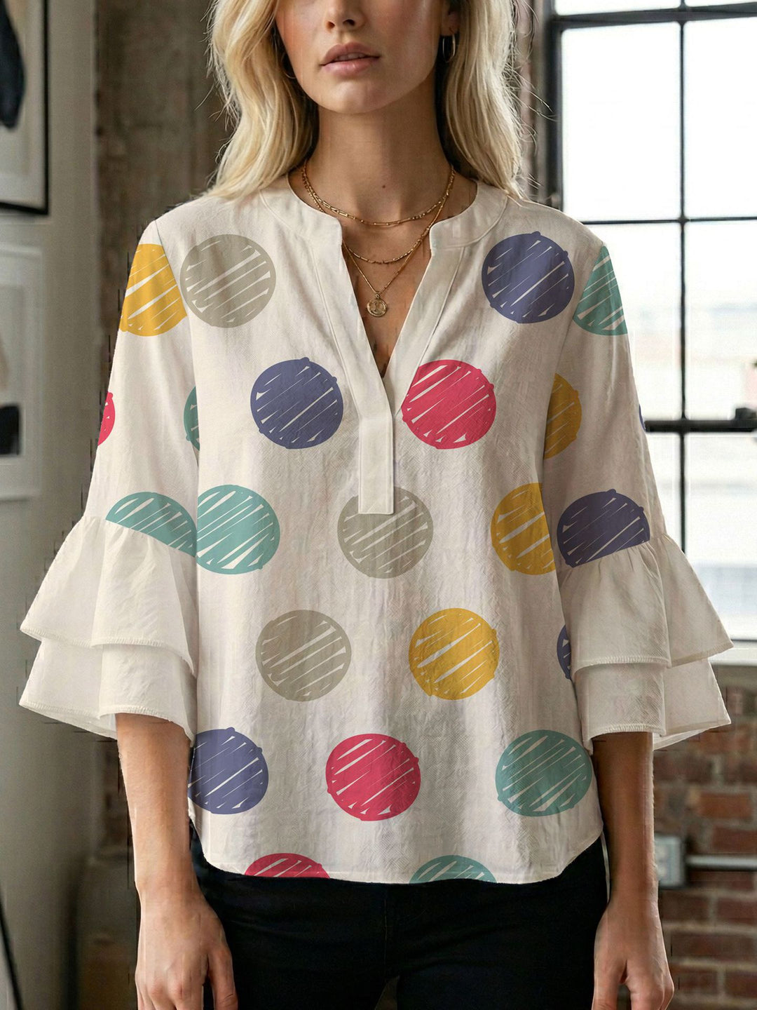 Women's blouse with voluminous wing sleeves and intense leaf pattern Lisslune