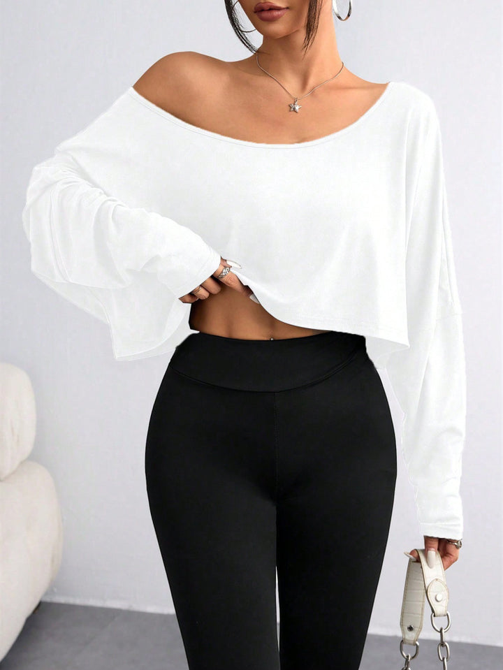 Women's Casual Crop Top with Loose Fit and Asymmetrical Neckline Lisslune