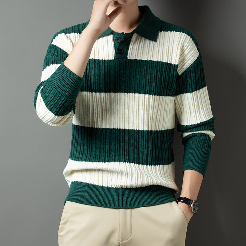 Men's Pullover with Textured Striped Pattern and Fashionable Collar Lisslune