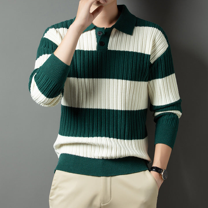 Men's Pullover with Textured Striped Pattern and Fashionable Collar Lisslune