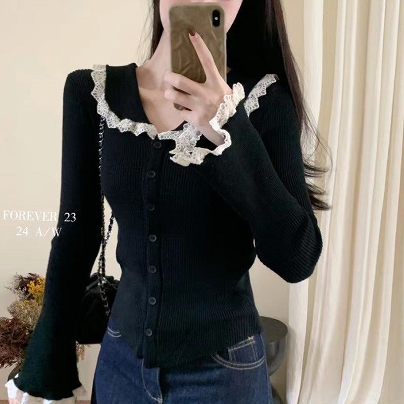 Women's Long Sleeve Ribbed Top with Lace Details